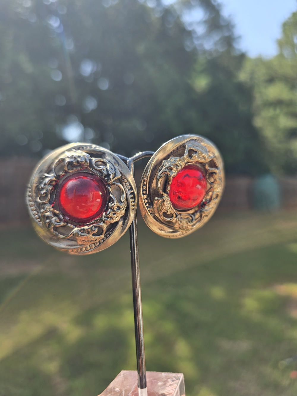 Vintage Gold-Tone Filigree Earrings with Red Cabochons
